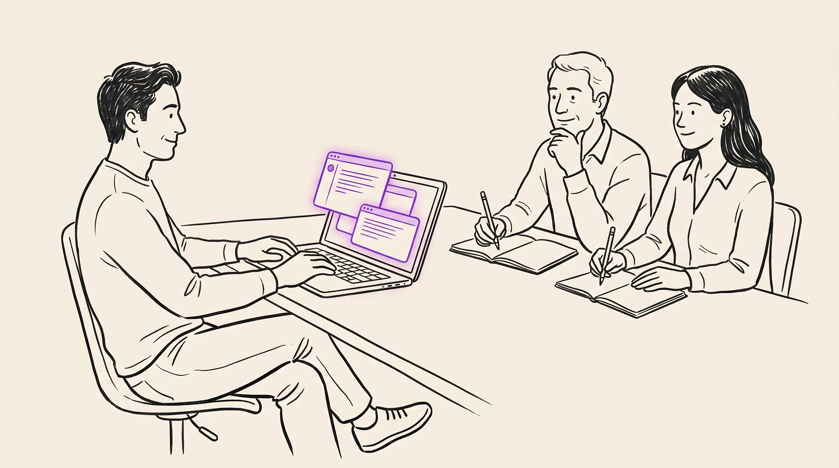 A relaxed candidate openly using AI on a laptop while a calm two-person hiring panel observes with notebooks and pencils, no surveillance equipment in sight