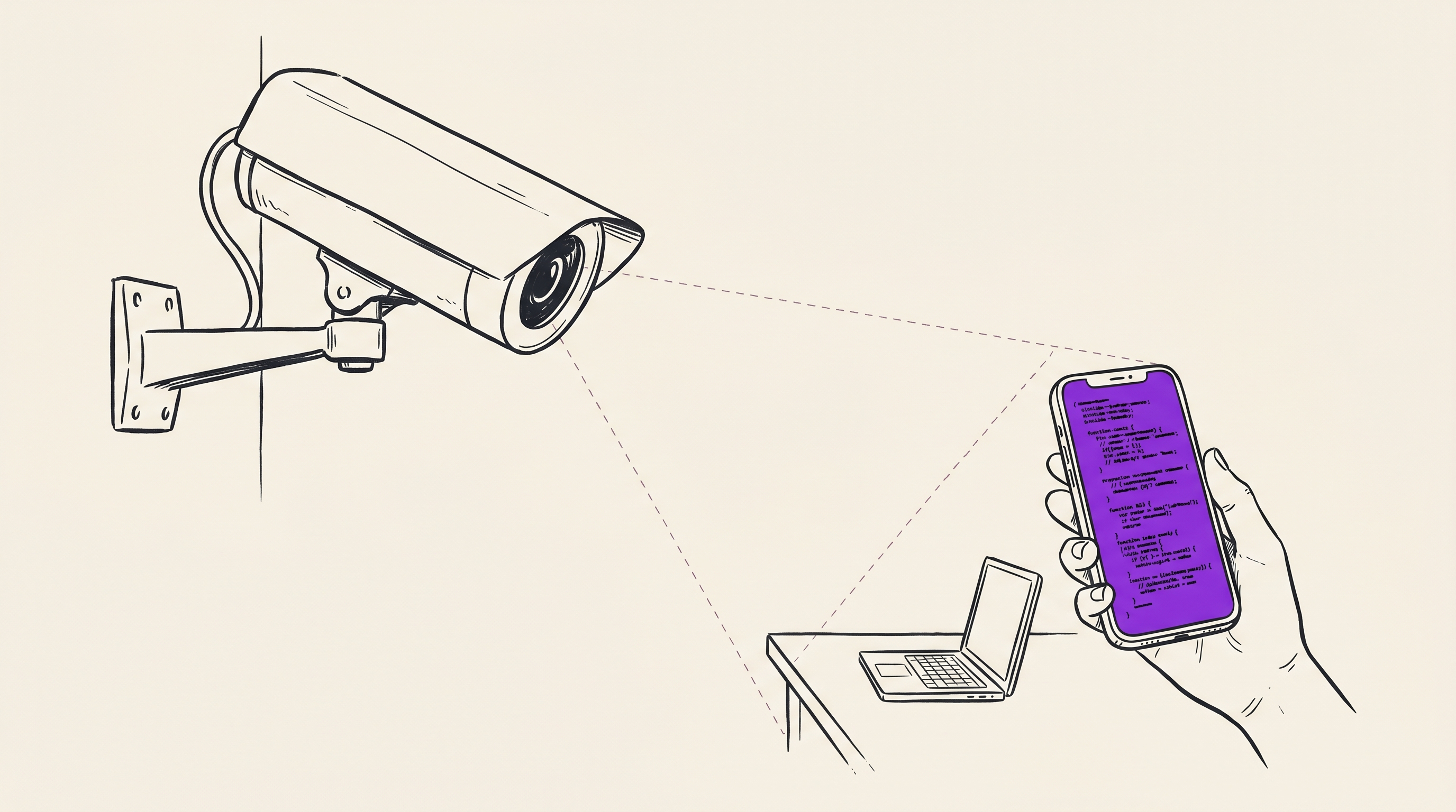 A surveillance camera trained on a laptop while a candidate holds a phone displaying code outside the camera's cone of vision