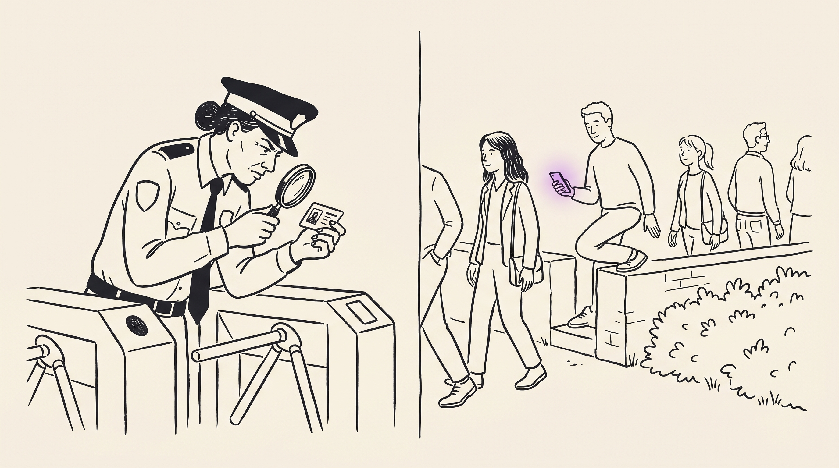 A security guard intently checking IDs at a turnstile while candidates calmly step over a low wall behind them, one holding a phone with a warm purple glow