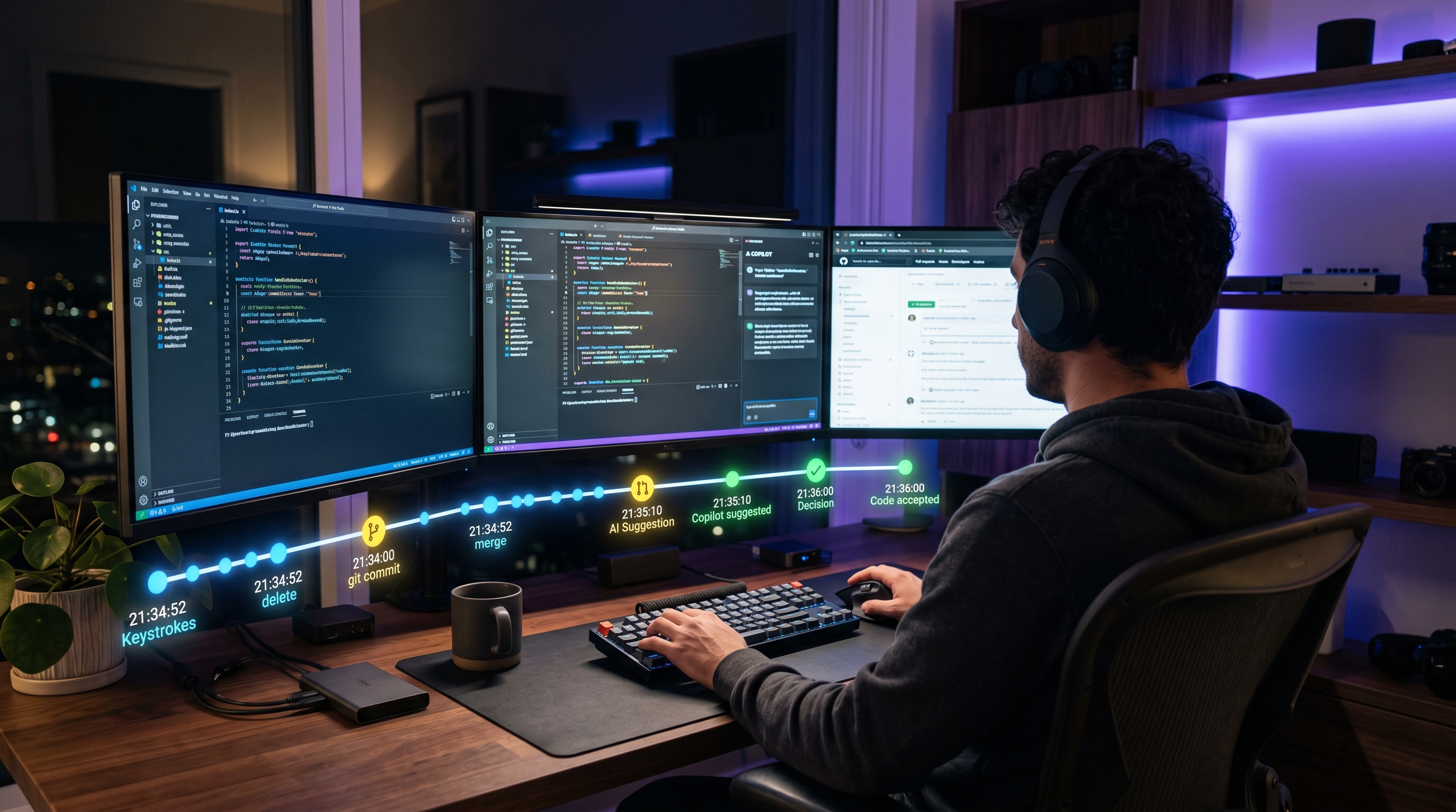 Developer working at a modern workstation with behavioral timeline visualization